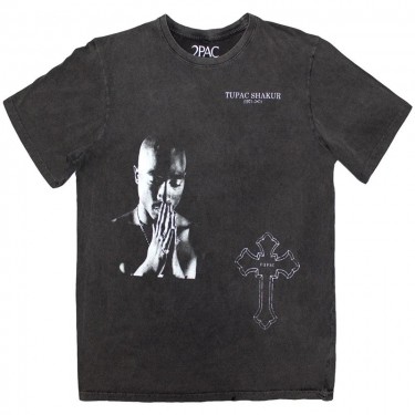 Tupac Unisex Stone Wash T-Shirt: Photo Cross (Charcoal Grey) (Large)