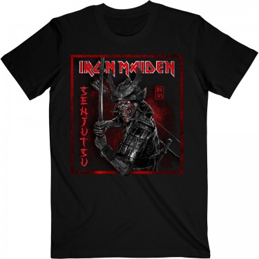 Iron Maiden Unisex T-Shirt: Senjutsu Cover Distressed Red - Black