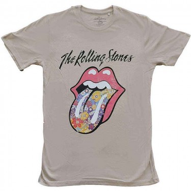 The Rolling Stones Unisex T-Shirt: Flowers Tongue (Sand) (Medium)