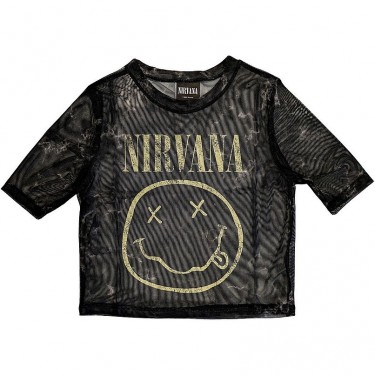 Nirvana Ladies Crop Top: Yellow Happy Face (Black) (Mesh) (X-Small)