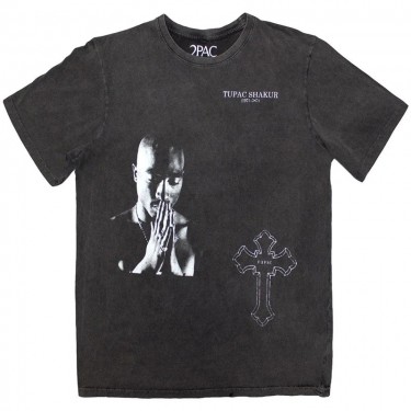 Tupac Unisex Stone Wash T-Shirt: Photo Cross (Charcoal Grey) (XX-Large)