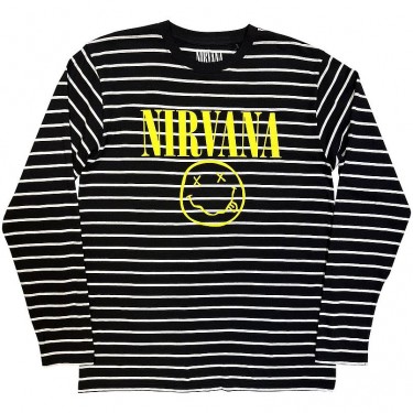 Nirvana Unisex Sweatshirt: Yellow Happy Face Striped (Black & White) (Large)