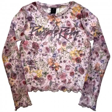 Prince Ladies Long Sleeve Mesh Crop Top: Purple Rain Logo Floral (Pink) (Small)