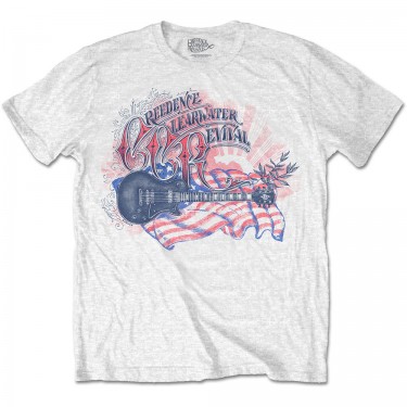 Creedence Clearwater Revival Unisex T-Shirt: Guitar & Flag - White (Large)