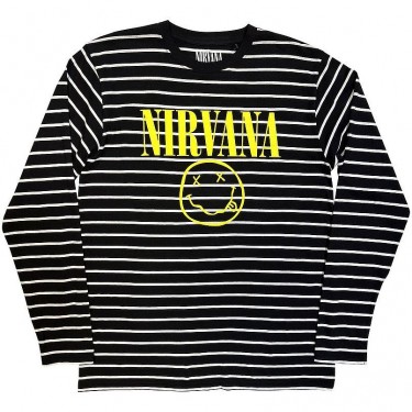 Nirvana Unisex Sweatshirt: Yellow Happy Face Striped (Black & White) (Medium)