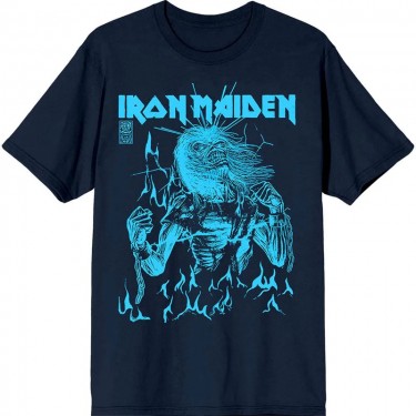Iron Maiden Unisex T-Shirt: 50 Life After Death Flames Blue (Navy Blue) (X-Large)